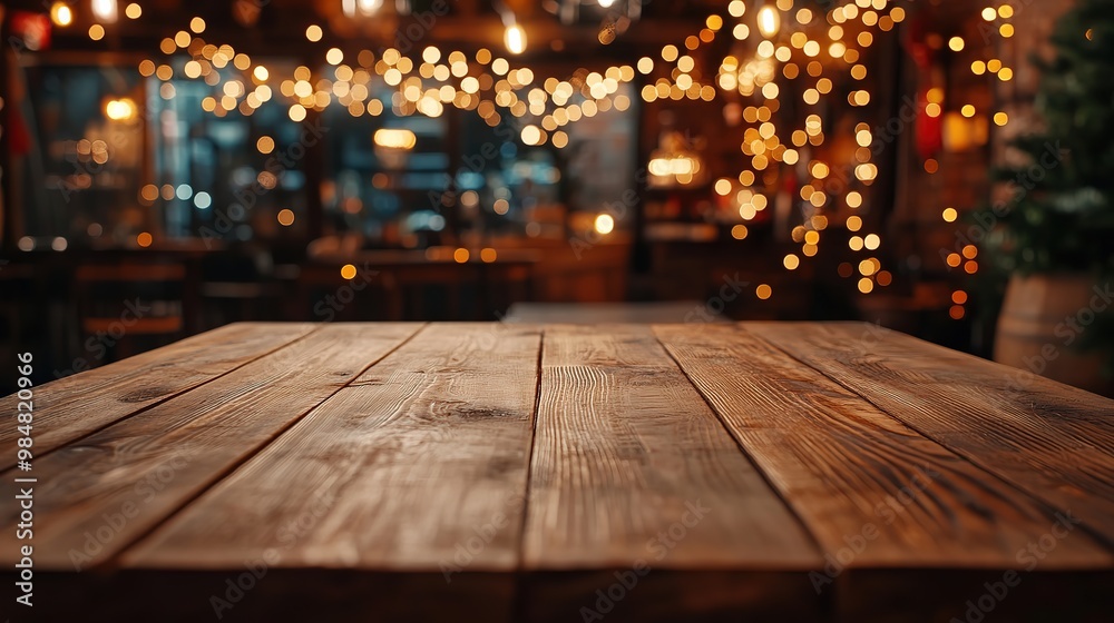 Wood table background, Hyper realistic, wooden table in a coffee shop with beautiful fairy lights, Mock up, Portrait mode, Wallpapers, Holidays, New year Wood table background, Hyper realistic, wooden table in a coffee shop with beautiful fairy lights, Mock up, Portrait mode, Wallpapers, Holidays, New year