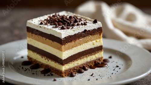 Elegant layered pudding dessert with chocolate and vanilla.