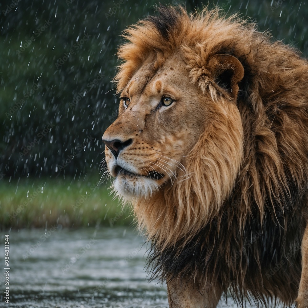 Naklejka premium Majestic lion with stoic expression enduring rainfall against dark background