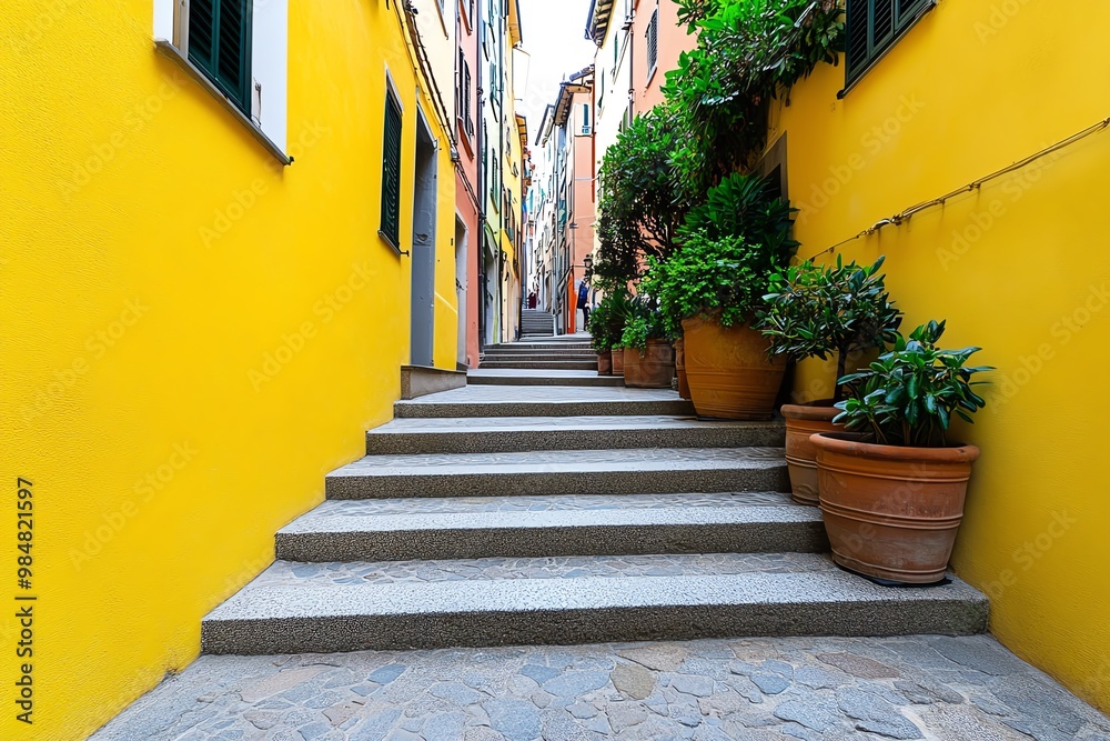 Obraz premium Caruggi, Genoa, a network of narrow medieval streets with colorful houses and traditional Italian charm