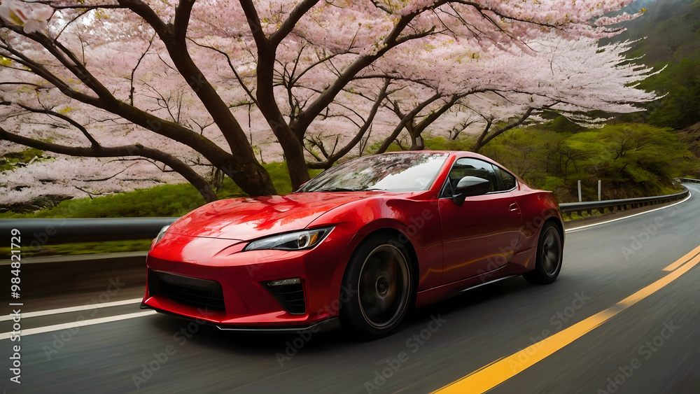 Fototapeta premium This is a high-quality image of a red sports car driving on a road with cherry blossom trees in the background.
