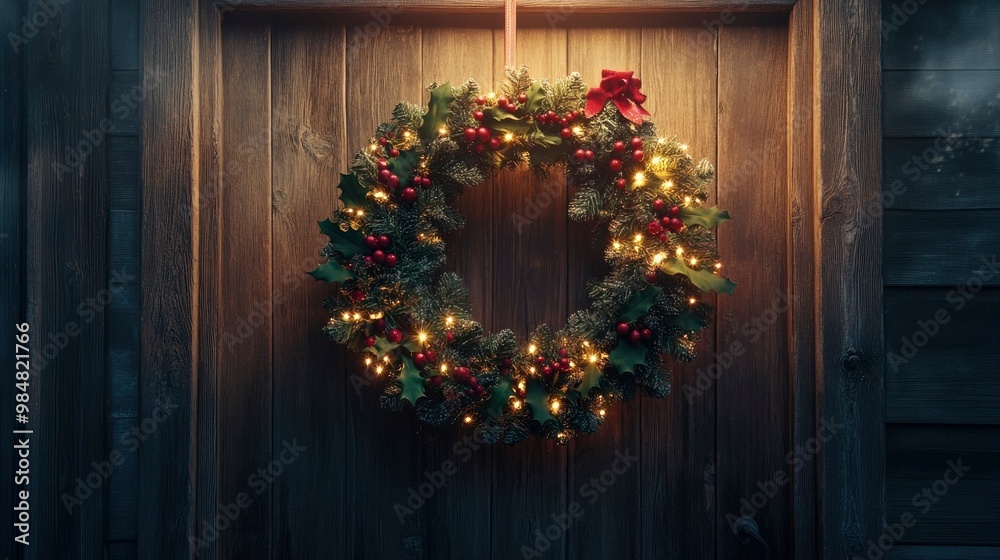 Fototapeta premium A festive wreath made of pine, holly, and berries, glowing with warm holiday lights and hanging on a rustic wooden door.