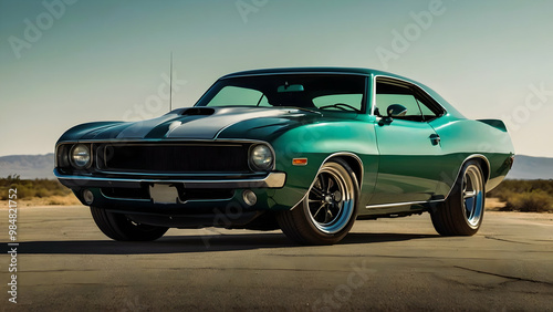 A sleek, vintage Mustang car with a black and green color scheme, parked on a street with a clear sky in the background.