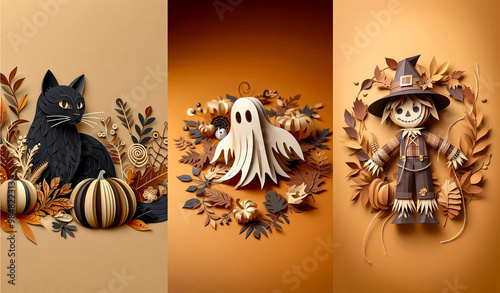 A Halloween and fall panel of 3 graphic paper cutouts with golden, orange, and brown hues. The first features a black cat, the second a ghost surrounded by fall leaves, and third a friendly scarecrow. photo