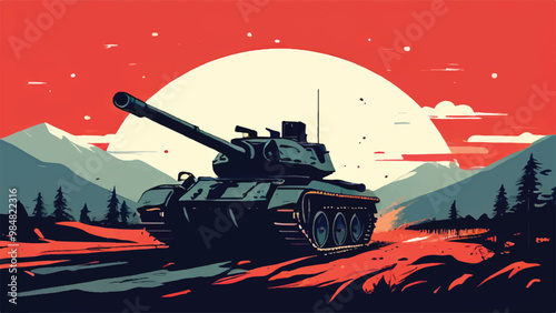 Military tank. A Battlefield Landscape with war machine tank. A combat tank. Battle-tank. War machine. Tank Vector Illustration. 