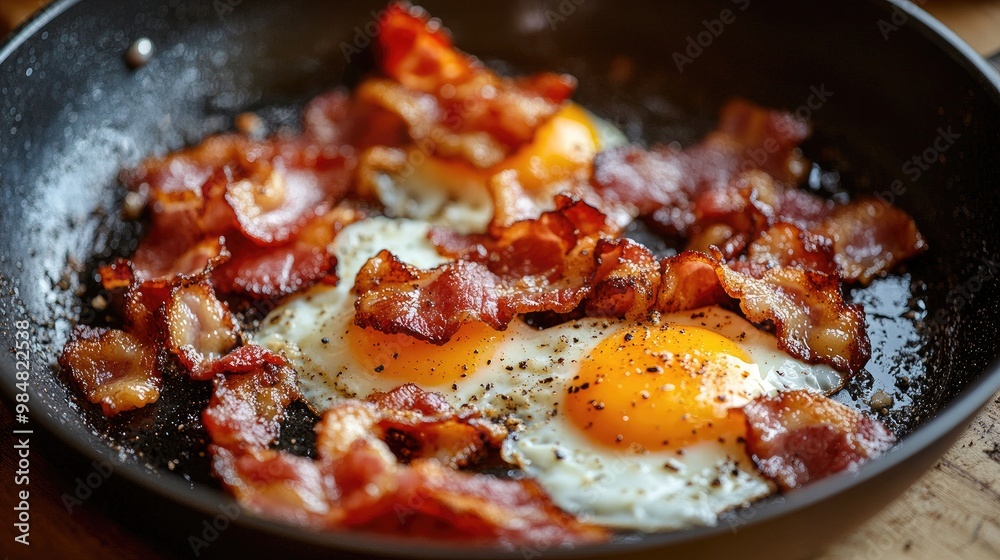 A close-up of a frying pan with sizzling bacon and eggs, highlighting the non-stick surface and the delicious cooking process in action. A close-up of a frying pan with sizzling bacon and eggs, highlighting the non-stick surface and the delicious cooking process in action.