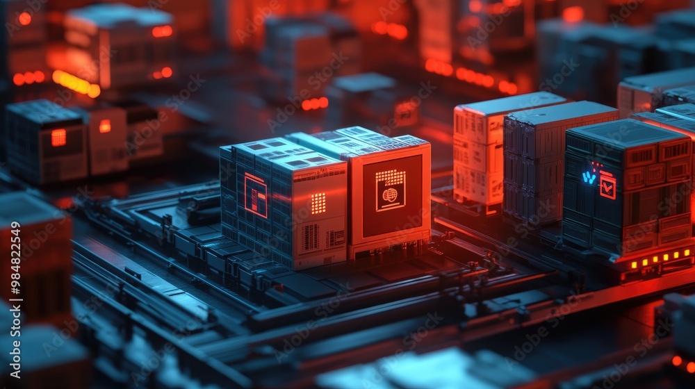 Abstract digital cityscape with red and blue lights. Abstract digital cityscape with red and blue lights.