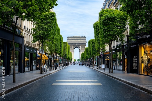 Champs-Ã‰lysÃ©es, Paris, with a view of the Arc de Triomphe in the distance, lined with trees and elegant shops