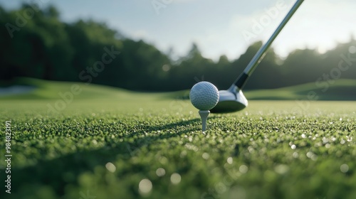 A close-up of a golf tee with a ball on it, set against a backdrop of a perfectly manicured fairway and a golf club positioned for the next shot.