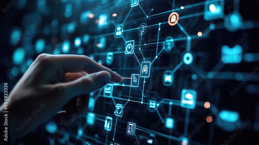 A close-up of a hand touching a holographic screen displaying a digital network, with lines connecting various icons representing data, cloud storage, and communication. A close-up of a hand touching a holographic screen displaying a digital network, with lines connecting various icons representing data, cloud storage, and communication.