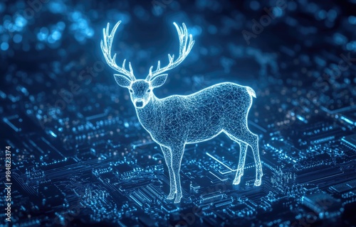 A glowing, digital deer stands on a circuit board, representing the intersection of technology and nature. photo