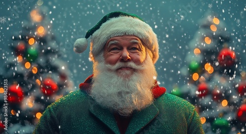 Santa Claus smiles cheerfully in a snowy festive market with holiday decorati...