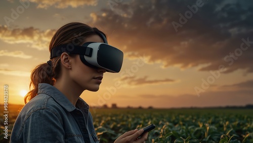 Female farmer using VR to strategize crop planting in a vibrant field at dusk. photo