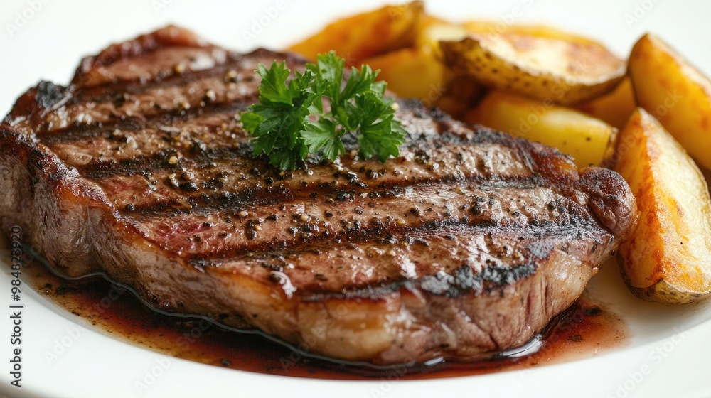 A close-up of a perfectly grilled steak with a rich, flavorful sauce and a garnish of fresh parsley, served with a side of crispy potato wedges, all against a white background. A close-up of a perfectly grilled steak with a rich, flavorful sauce and a garnish of fresh parsley, served with a side of crispy potato wedges, all against a white background.