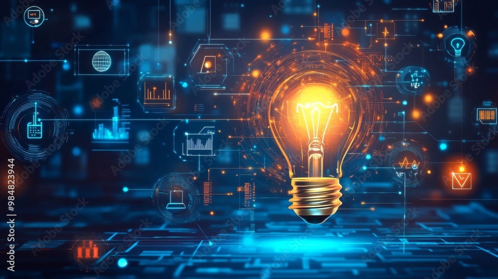 Fototapeta premium Glowing light bulb among digital icons displaying innovation, technology, and creativity in a futuristic background.