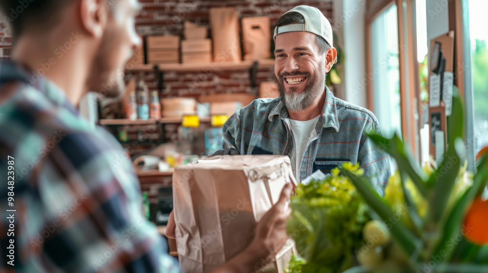 Friendly Grocery Store Interaction: Smiling Customer Receiving Paper Bag of Fresh Produce. Generative ai Friendly Grocery Store Interaction: Smiling Customer Receiving Paper Bag of Fresh Produce. Generative ai