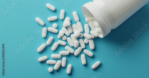White tablets spilled from a white bottle on a blue background in a healthcar...