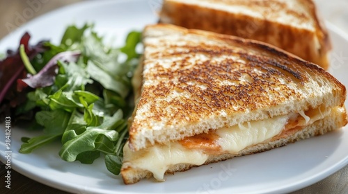 A close-up of a perfectly toasted sandwich with crispy bread and a gooey cheese filling, sliced diagonally and placed on a white plate with a side of fresh greens.