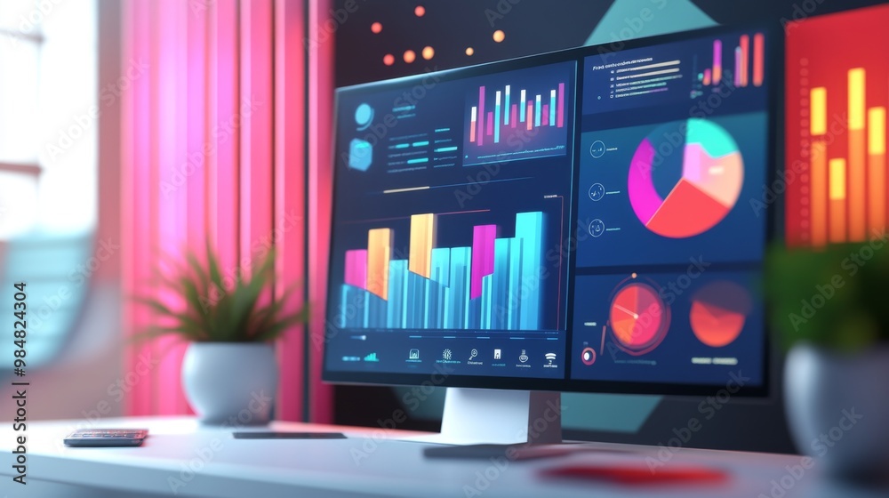 Modern workstation with data analytics dashboard on computer screen, showcasing business graphs and charts in a bright office space. Modern workstation with data analytics dashboard on computer screen, showcasing business graphs and charts in a bright office space.