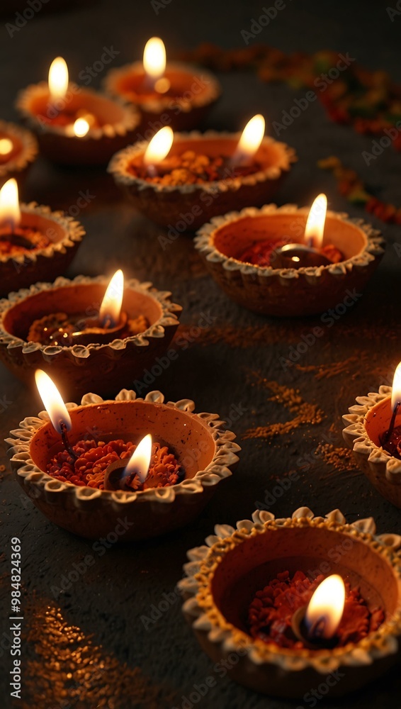 Five earthen Diyas arranged symmetrically for Diwali. Five earthen Diyas arranged symmetrically for Diwali.