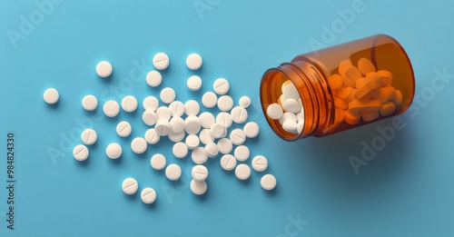 White tablets spilled from a white bottle on a blue background in a healthcar...