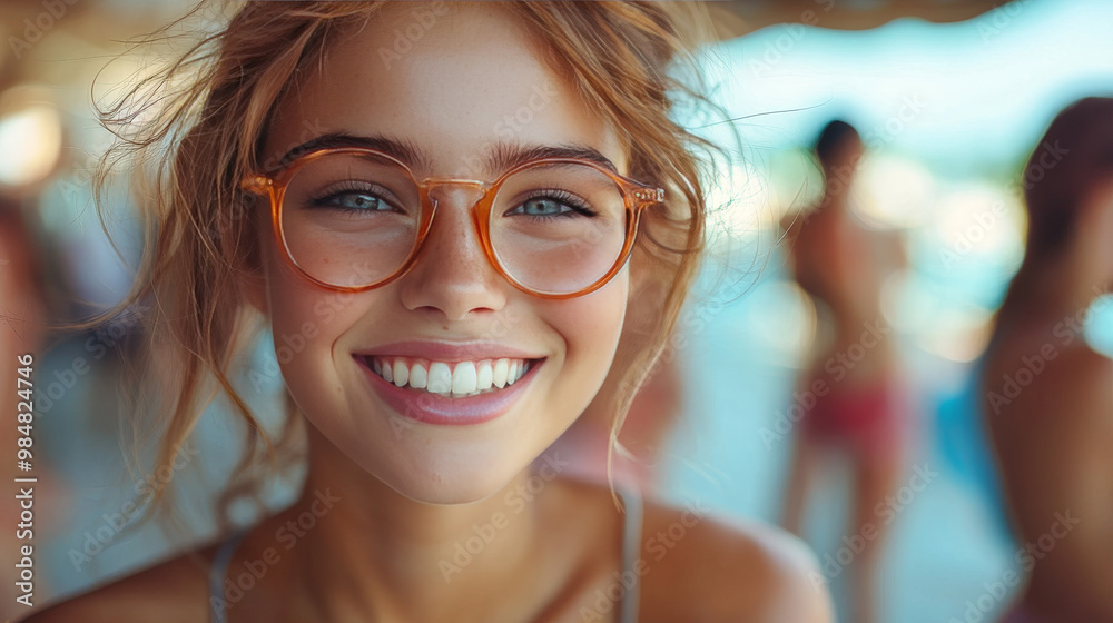 Smiling young woman wearing round glasses. Smiling young woman wearing round glasses.