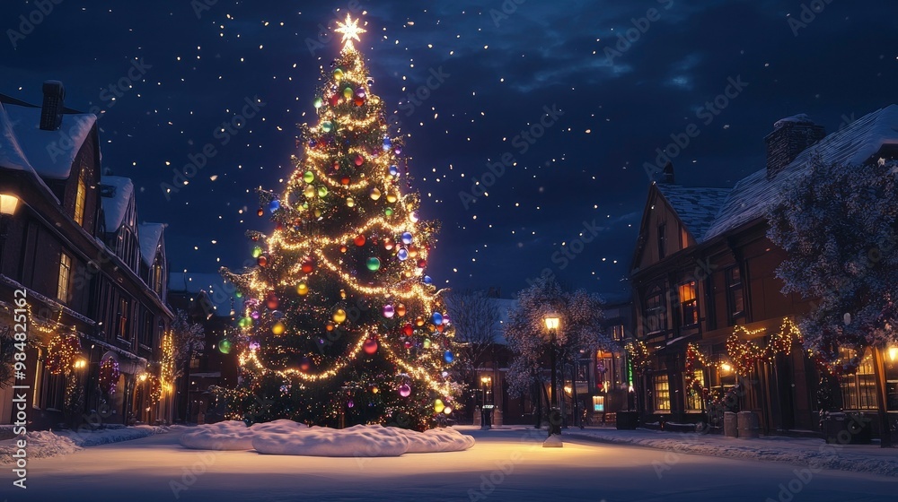 A grand Christmas tree in the center of a snowy town square, lit up with multicolored ornaments and bright lights. A grand Christmas tree in the center of a snowy town square, lit up with multicolored ornaments and bright lights.