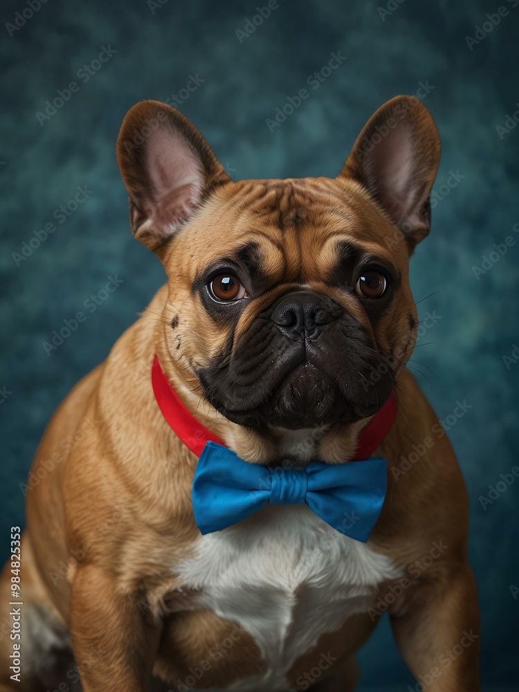 French bulldog with a red bowtie on a blue background.