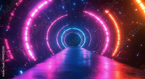 A vibrant tunnel illuminated by colorful lights in a futuristic setting at night