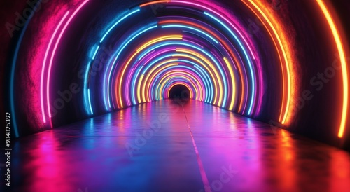 A vibrant tunnel illuminated by colorful lights in a futuristic setting at night