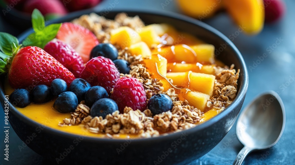 A close-up of a smoothie bowl topped with granola, fresh fruit slices, and a drizzle of honey, with a spoon and a vibrant fruit arrangement in the background. A close-up of a smoothie bowl topped with granola, fresh fruit slices, and a drizzle of honey, with a spoon and a vibrant fruit arrangement in the background.