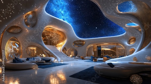 Fototapeta Naklejka Na Ścianę i Meble -  Luxurious space hotel lobby with interactive light displays and stunning view of cosmos