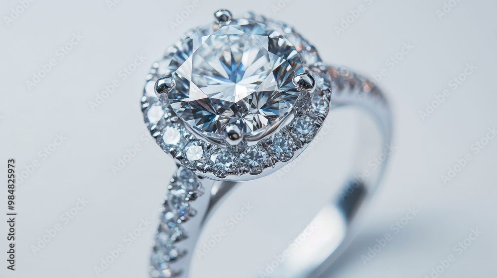 A close-up of a stunning engagement ring with a large center diamond, surrounded by smaller stones, set against a pristine white background. A close-up of a stunning engagement ring with a large center diamond, surrounded by smaller stones, set against a pristine white background.
