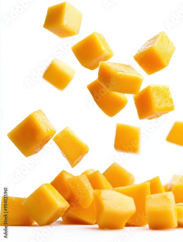 Cubes of ripe mango suspended in mid-air, isolated on a white background.