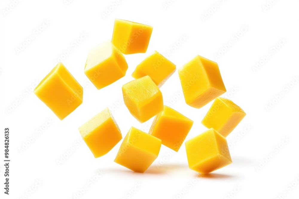 Cubes of ripe mango suspended in mid-air, isolated on a white background. Cubes of ripe mango suspended in mid-air, isolated on a white background.