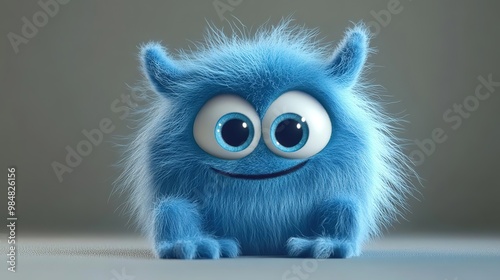 A cute blue monster with fluffy fur and big eyes, perfect for playful and whimsical themes in children's design.