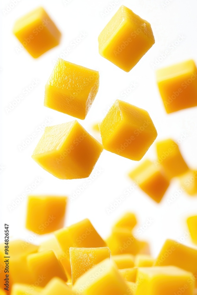 Cubes of ripe mango suspended in mid-air, isolated on a white background. Cubes of ripe mango suspended in mid-air, isolated on a white background.