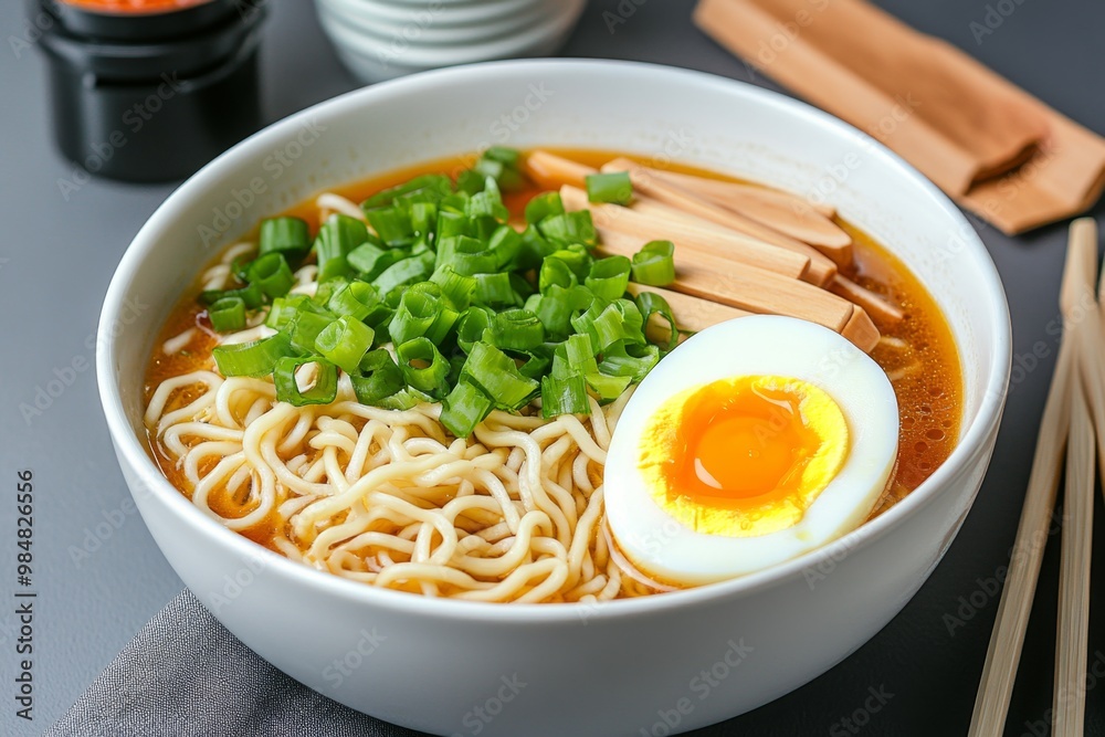 A bowl of ramen with rich broth, noodles, a soft-boiled egg, and fresh green onions, surrounded by chopsticks and condiments A bowl of ramen with rich broth, noodles, a soft-boiled egg, and fresh green onions, surrounded by chopsticks and condiments