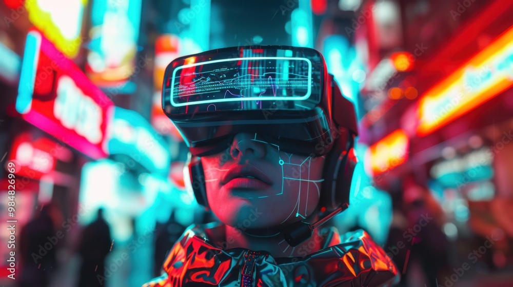 Woman immersed in virtual reality wearing a vr headset in a vibrant, neon-lit cityscape. Futuristic VR Concept in Neon-Cityscape for Tech and Gaming Design. Generative ai