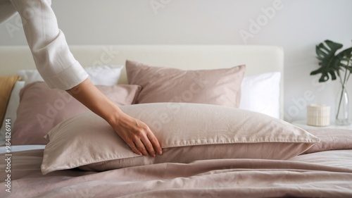 A cozy bedroom scene with a focus on a hand gently touching a soft pink pillow. The bed is adorned with matching pink pillows and a gray duvet, creating a calming and inviting atmosphere. 