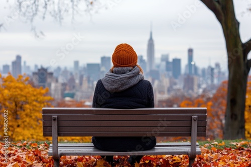 Person in orange beanie sitting on bench overlooking cityscape in autumn, surrounded by fall leaves and trees, with skyscrapers in background. photo