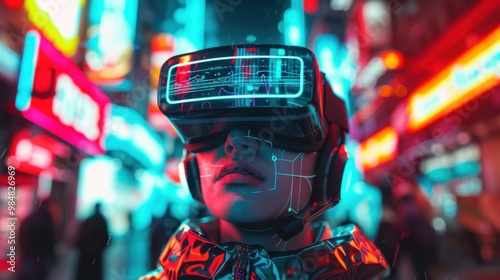 Woman immersed in virtual reality wearing a vr headset in a vibrant, neon-lit cityscape. Futuristic VR Concept in Neon-Cityscape for Tech and Gaming Design. Generative ai