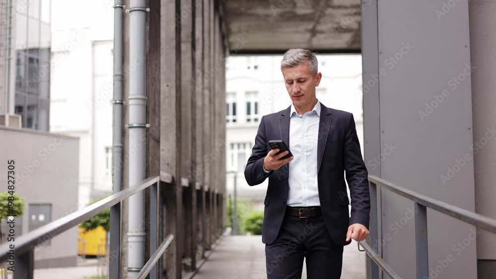 A confident, middle-aged businessman in a suit walks through a modern city setting while texting on his phone. He is smiling and appears to be happy with his day. A confident, middle-aged businessman in a suit walks through a modern city setting while texting on his phone. He is smiling and appears to be happy with his day.