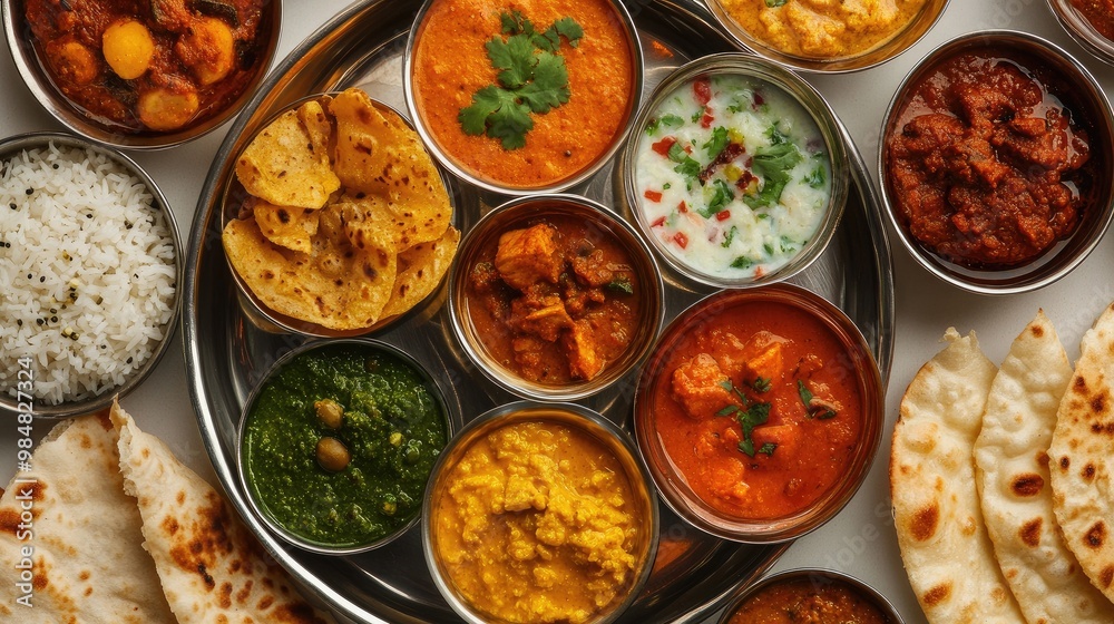 A close-up of a vibrant Indian thali showcasing an array of curries, rice, and bread, with detailed textures and colors, set on a white background for emphasis. A close-up of a vibrant Indian thali showcasing an array of curries, rice, and bread, with detailed textures and colors, set on a white background for emphasis.