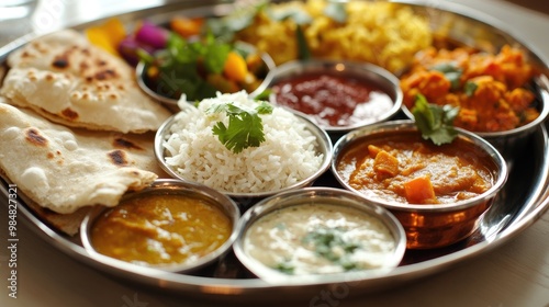 A close-up of a vibrant Indian thali showcasing an array of curries, rice, and bread, with detailed textures and colors, set on a white background for emphasis.