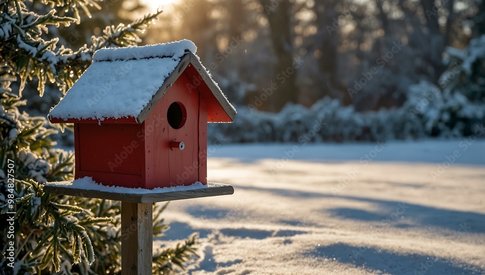 Frost-covered red birdhouse in a snowy garden on a sunny winter day. Frost-covered red birdhouse in a snowy garden on a sunny winter day.