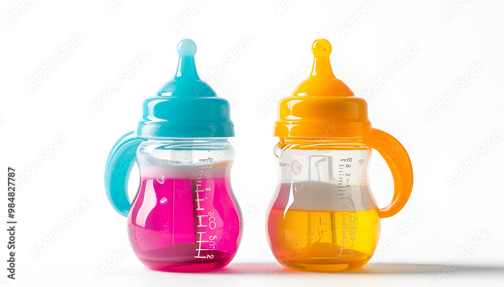 Two empty feeding bottles for baby milk on white background Two empty feeding bottles for baby milk on white background