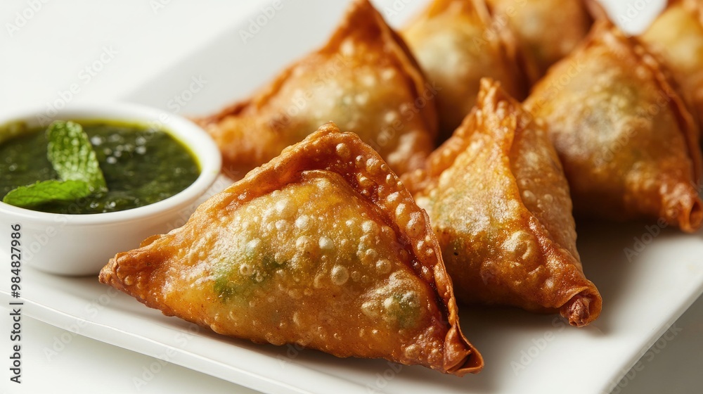 A close-up of crispy, golden-brown samosas arranged neatly on a white plate, with a side of mint chutney and tamarind sauce, set against a clean white background. A close-up of crispy, golden-brown samosas arranged neatly on a white plate, with a side of mint chutney and tamarind sauce, set against a clean white background.