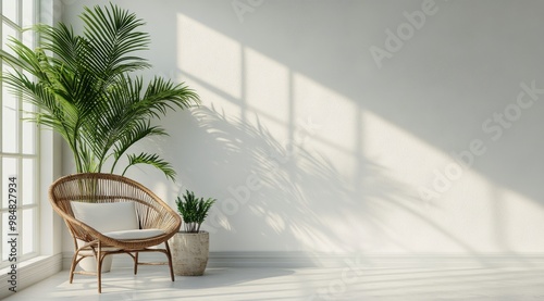 Modern interior design featuring a chair and a potted plant by a sunlit window