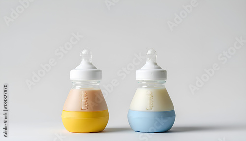 Two empty feeding bottles for baby milk on white background